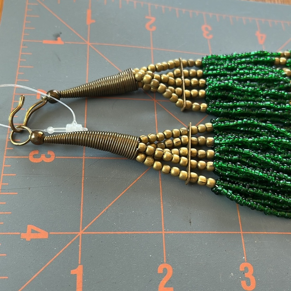 Green and Gold Beads Multilayered Statement Mixed Materials Artisan Necklace - Picture 17 of 17